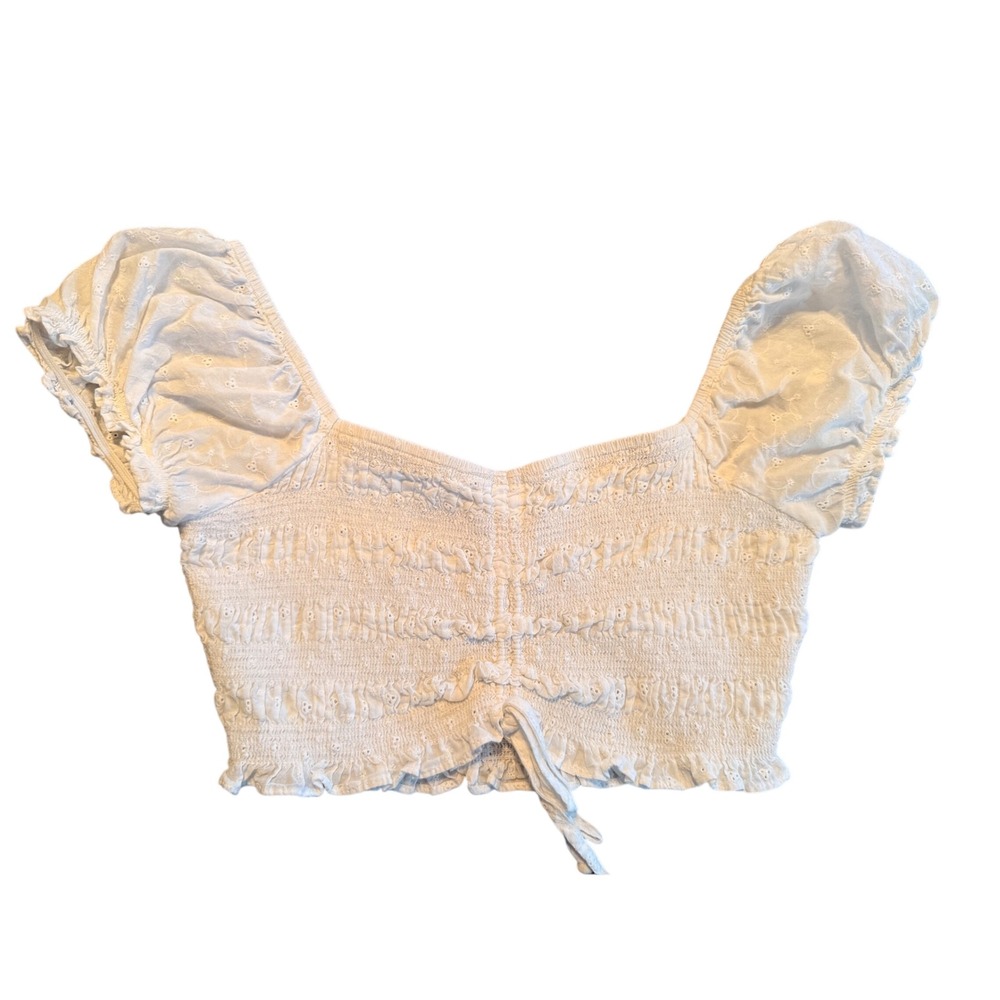 LA Hearts boho White Eyelet Smocked Puff Sleeve Crop Top Sweetheart Neck Small
